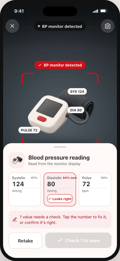 Check a blood pressure reading captured from a supported monitor