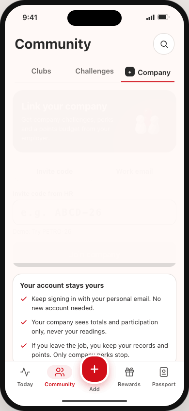 MedBuk+ employee app explains that the company sees totals and participation, never personal readings